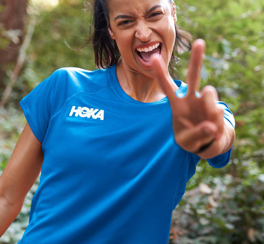 Top Hoka One One Mujer Azules - Performance Short Sleeve - PFGY65148